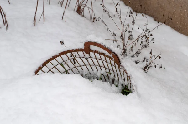 Κοντινό Πλάνο Σκουριασμένου Μεταλλικού Καλαθιού Ξαπλωμένου Βαθύ Χιόνι Κήπο Χειμώνα — Φωτογραφία Αρχείου