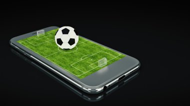 Mobil futbol. Futbol sahasında smartphone ekran ve topu. Online Bilet Satış konsepti. 3D render