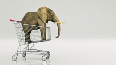 Alışveriş sepeti beyaz arka plan üzerinde izole içinde şirin bebek fil. 3D render