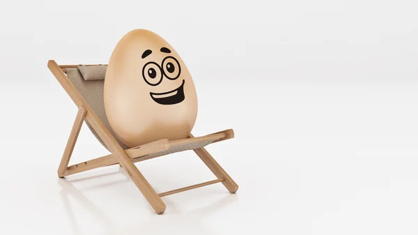 Uovo con sdraiato sulla sedia da spiaggia estiva isolato su sfondo bianco, astratto per il concetto di vacanza di Pasqua. rendering 3d — Foto Stock