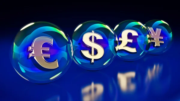 Dollarn euro yen yuan pund symbol i bubblan. 3D-rendering — Stockfoto