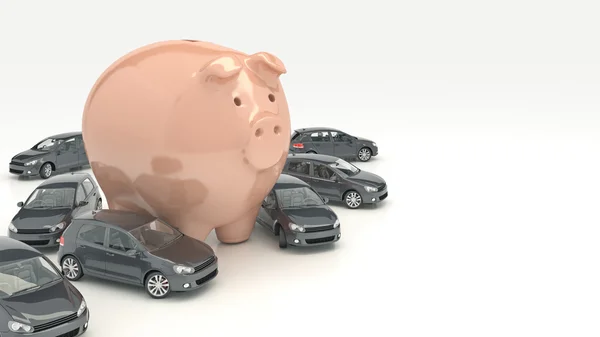 Автомобіль і гроші над білим. Концепція оренди, купівлі або страхування автомобіля. візуалізація 3D — стокове фото