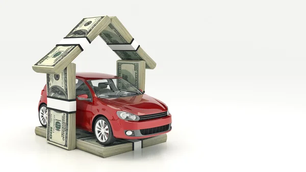 Машина и деньги на белом. Аренда, покупка или страхование автомобиля концепции. рендеринг 3D — стоковое фото