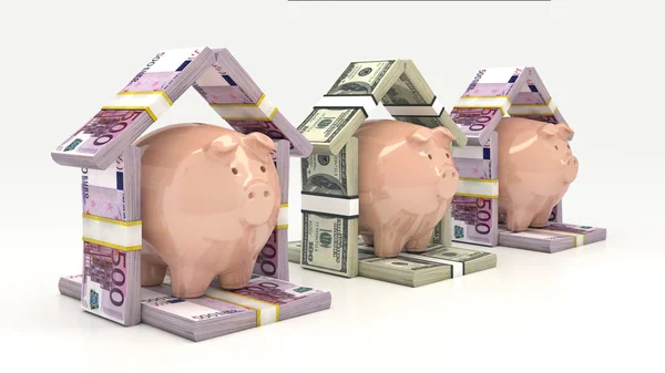 Rosa Sparschwein und Euro-Dollar in Form eines Hauses. Investitionskonzept. 3D-Illustration — Stockfoto