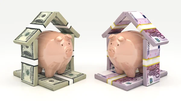 Salvadanaio rosa e euro-dollaro a forma di casa. Concetto di investimento. Illustrazione 3D — Foto Stock