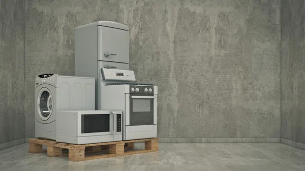 Бытовая техника. Комплект бытовой кухонной техники. Холодильник, газовая плита, микроволновая печь и стиральная машина. 3d — стоковое фото