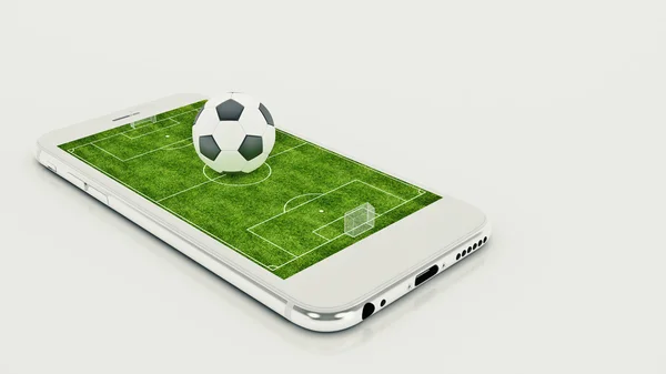 Futebol móvel. Campo de futebol na tela do smartphone e bola. Conceito de venda de bilhetes online. Renderização 3d Imagens De Bancos De Imagens