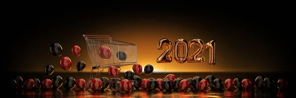 Numbers Happy New Year 2021 Shopping Cart Balloons Rendering — Stock Photo, Image