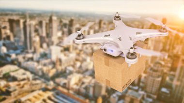Drone bir paket teslim ediyor. 3d oluşturma