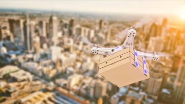 İHA 'da pizza teslimatı. 3d oluşturma