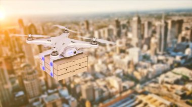 İHA 'da pizza teslimatı. 3d oluşturma