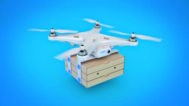 İHA 'da pizza teslimatı. 3d oluşturma