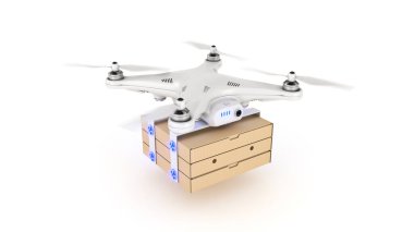 İHA 'da pizza teslimatı. 3d oluşturma