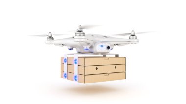 İHA 'da pizza teslimatı. 3d oluşturma