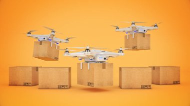 Drone bir paket teslim ediyor. 3d oluşturma