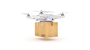 Drone bir paket teslim ediyor. 3d oluşturma