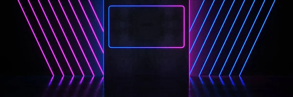 Futuristic Sci Neon Light Shapes Black Background Reflective Concrete Empty — Stock fotografie