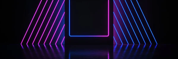 Futuristic Sci Neon Light Shapes Black Background Reflective Concrete Empty — Stock fotografie