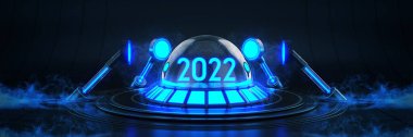 Gelecekçi Bilim Kurgu Modern Boş Büyük Salon Karanlık, Uzaylı Garajı Bilim Kurgu. Işık 2022 harf işareti, Yeni Yıl 2022 3D görüntüleme.