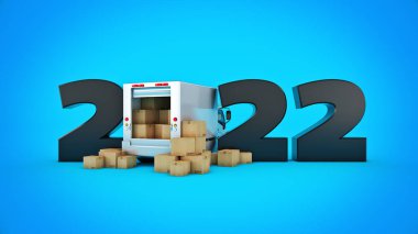 Teslimat kamyonu konsepti 2022 yılbaşı tabelası. 3D görüntüleme. 3d oluşturma
