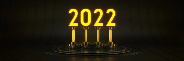 未来派科幻现代空大厅黑暗 异形车库科幻 Light 2022 Letter Sign New Year 2022 Rendering — 图库照片