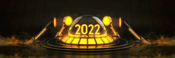 未来派科幻现代空大厅黑暗 异形车库科幻 Light 2022 Letter Sign New Year 2022 Rendering — 图库照片