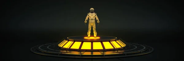 未来派科幻现代空大厅黑暗 异形车库科幻 宇航员宇航服 3D渲染 — 图库照片