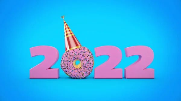 Donut Com Conceito Chapéu Festa 2022 Sinal Ano Novo Renderização — Fotografia de Stock