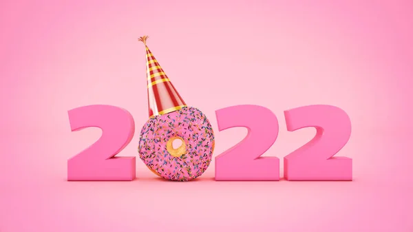 Donut Com Conceito Chapéu Festa 2022 Sinal Ano Novo Renderização — Fotografia de Stock