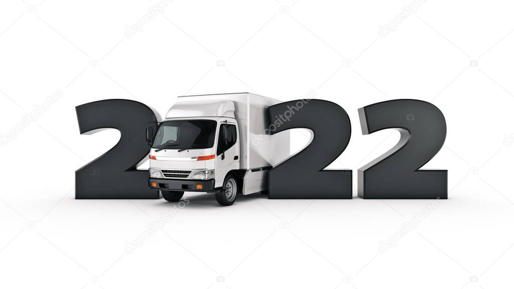 delivery truck concept 2022 New Year sign. 3d rendering. 3d rendering