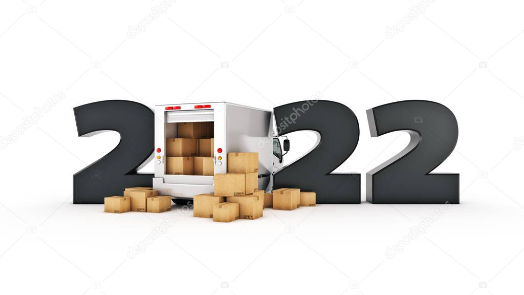 delivery truck concept 2022 New Year sign. 3d rendering. 3d rendering