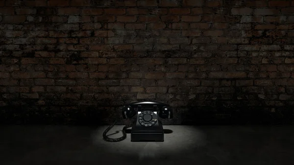 Telefone preto velho na parede de tijolo — Fotografia de Stock