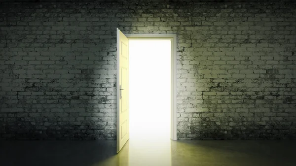 れんが造りの白い部屋と開いているドアの光 — ストック写真