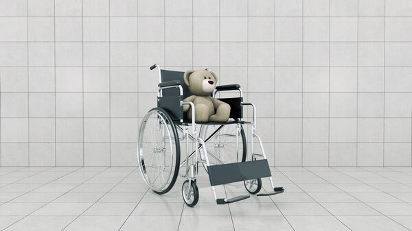 Концепция детской инвалидности: бурый плюшевый медведь в инвалидном кресле
