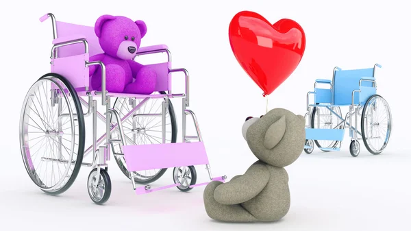 Concepto de amor. Dos osos de peluche en silla de ruedas con corazón rojo —  Fotos de Stock