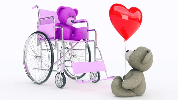Concept of love. Two teddy bears in wheelchair with red heart — Stock Photo, Image