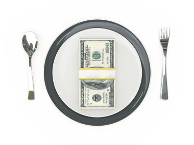 İş kavramı - tabak, çatal bıçak takımı ve Doları banknot