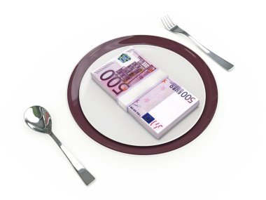İş kavramı - tabak, çatal bıçak takımı ve euro banknot