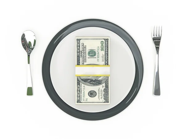 Business concept - Plate, cutlery and dollar banknotes — Stock Photo, Image