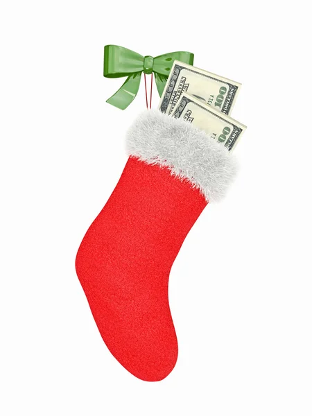 Red Christmas boot with dollar isolated on white background — Stock Photo, Image