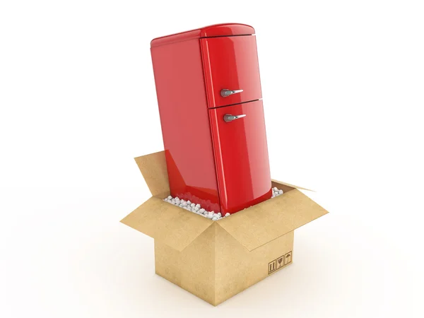 Refrigerator in cardboard box — Stock Photo, Image