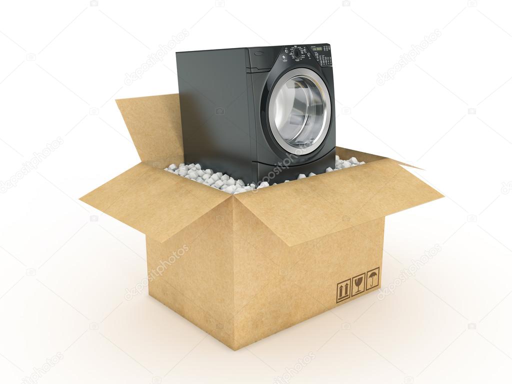 washing machine in cardboard box