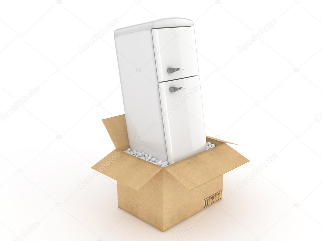 Refrigerator in cardboard box