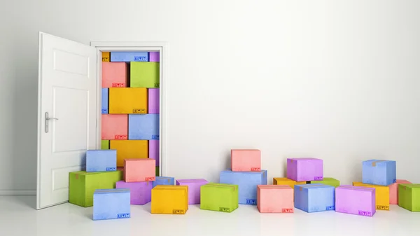 Caixas de cores na sala vazia 3D — Fotografia de Stock