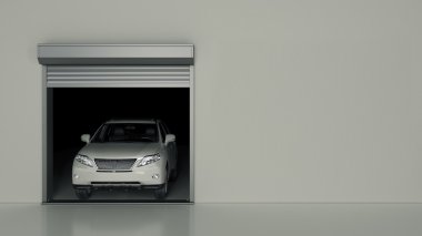 Garage with Opened Roller Door. 3D Rendering