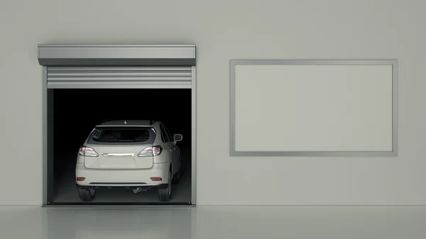 Garage met geopende roldeur. 3D-rendering — Stockfoto
