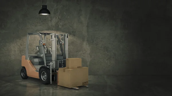 Wózek widłowy ciężarówka skład lub magazyn ładowania kartony. 3D — Zdjęcie stockowe