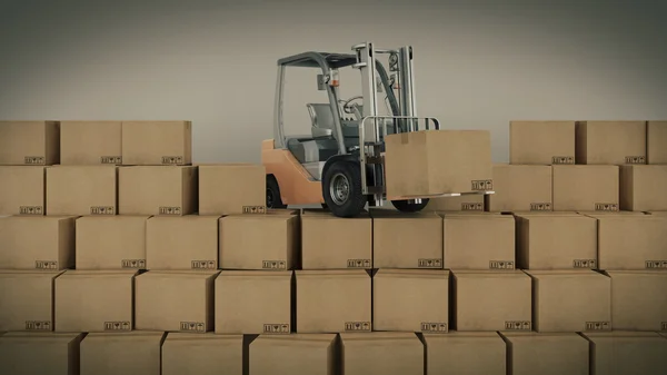 Wózek widłowy ciężarówka skład lub magazyn ładowania kartony. 3D — Zdjęcie stockowe
