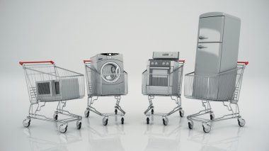 Ev aletleri alışveriş arabası. E-ticaret veya online alışveriş kavramı.