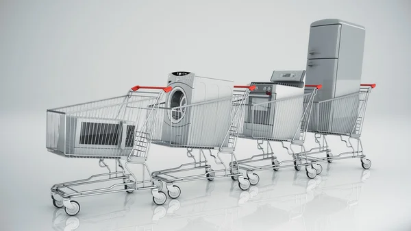 Electrodomésticos en el carrito de la compra. Comercio electrónico o concepto de compras en línea . Imagen de stock